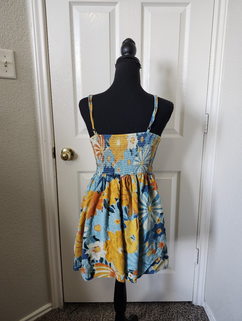 Angie Blue Floral Smocked Mini Dress with Yellow Accents